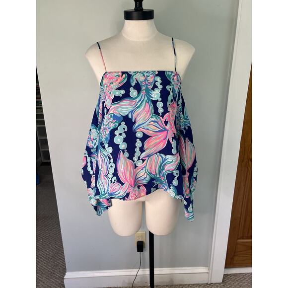 Lilly Pulitzer Maisy Halter Tank Top Blouse Silk Solar Blue Night Swimming XS - Picture 1 of 7
